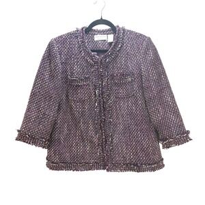 Alfred Dunner 16P Purple Lined‎ Blazer Jacket Tweed Multi Color Fringe, Workwear